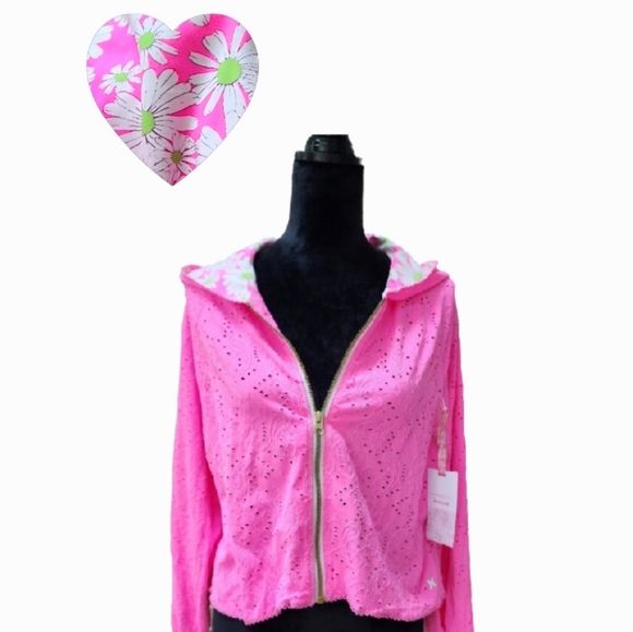 Hurley "LoveShackFancy" Pink Paisley Eyelet Zip Hoodie with Daisy Flowers - Picture 1 of 14